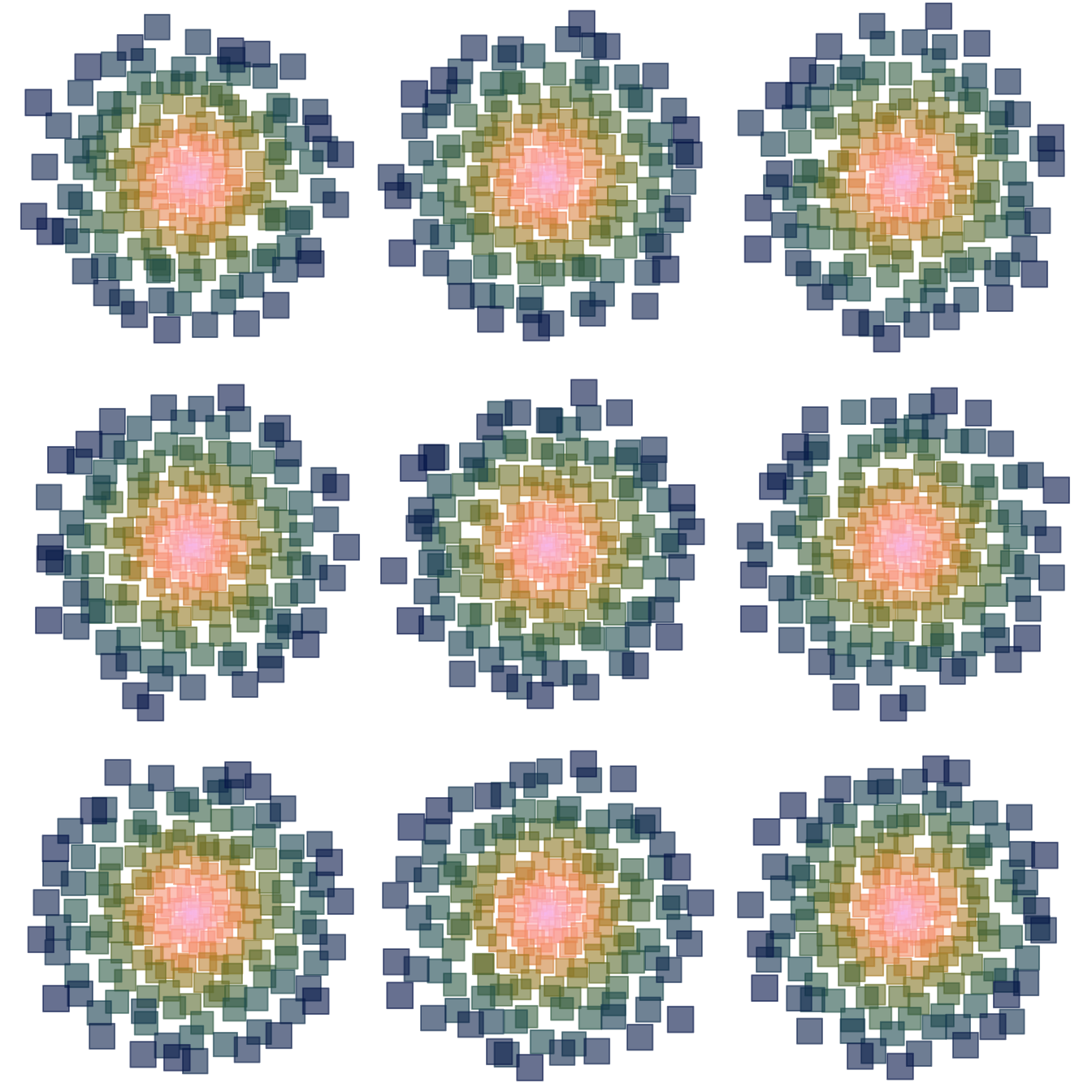9 abstract shapes that look like flowers organized in a 3x3 grid